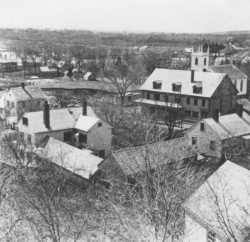 Southwesterly view of Newton Upper Falls from the Methodist Church steeple, c. 1870